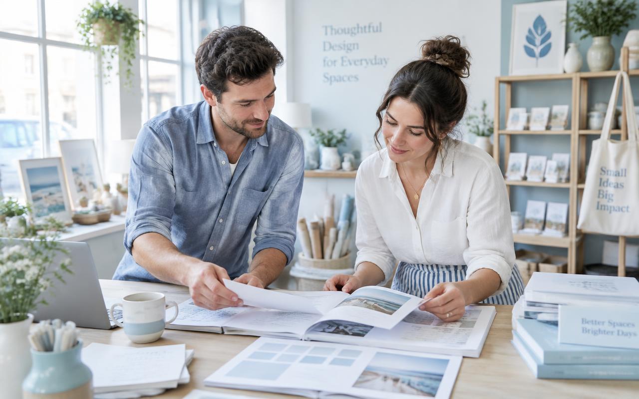 Two small-business owners reviewing printed materials in a bright studio